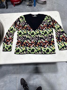 Missoni Black V-Neck Sweater with Neon Green, Orange & Pink Chevron Pattern